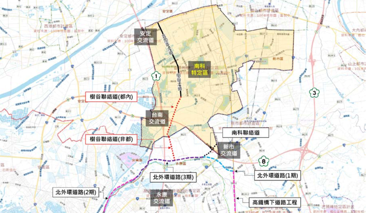 北外環道路、樹谷大道與樹谷聯絡道位置圖。圖／取自臺南市政府全球資訊網