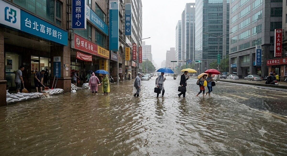 極端氣候頻繁，商辦市場競爭焦點正逐漸從地段與租金，延伸至建築能否維持營運不中斷及是否具備足夠的建築韌性。示意圖／AI生成