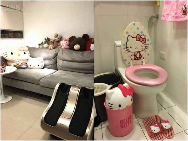 5.客廳沙發與臥房床上都擺滿各種Hello Kitty布偶及抱枕，就連浴室也走Hello Kitty風！