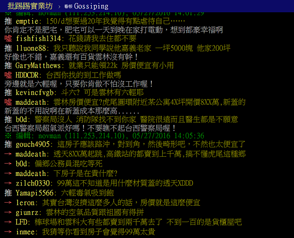 雲林房價、物價相對親民，無法吸引年輕人的關鍵仍是低薪。（翻攝自PTT）