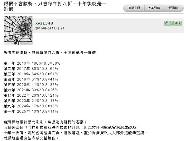 網友認為台灣房價10年後只剩1折價。(圖／截自Mobile01)