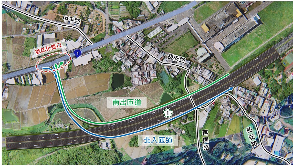 湖口增設交流道南出北入匝道路線圖。圖／新竹縣工務處提供