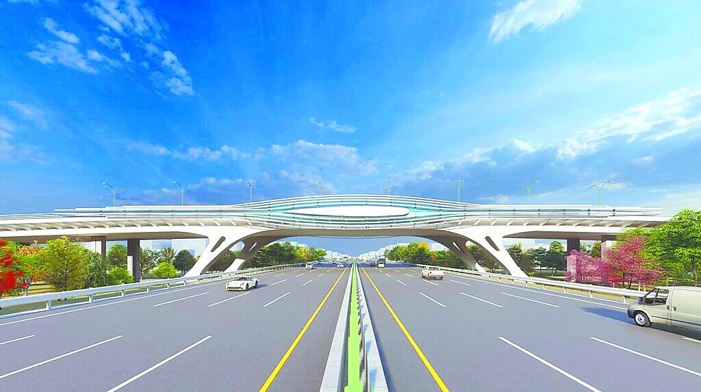 桃園航空城工區內跨越國道2號的BR-E3橋梁，運用「懸臂工法」配合工作車逐步施築節塊，並採用π形橋墩取代過往傳統直柱，可降低開挖風險。圖／桃園市航空城工程處提供