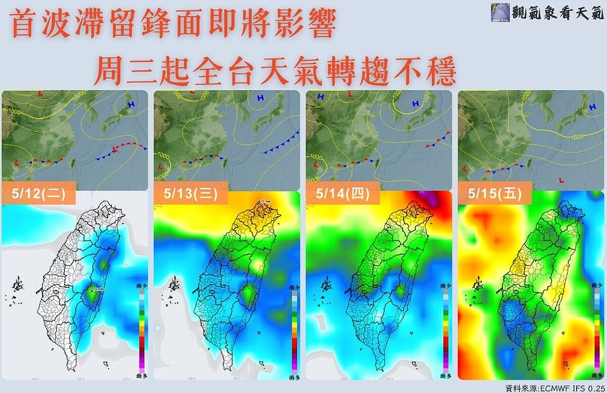 周三起滯留鋒面影響，全台天氣轉趨不穩定。圖／取自「觀氣象看天氣」臉書粉專
