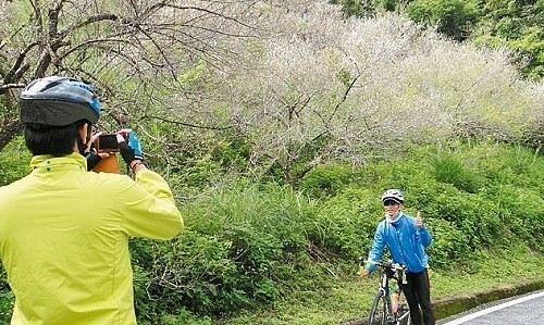 中油員工花東鐵馬遊，在東富公路梅園花海前留影。 (記者謝龍田／攝影)