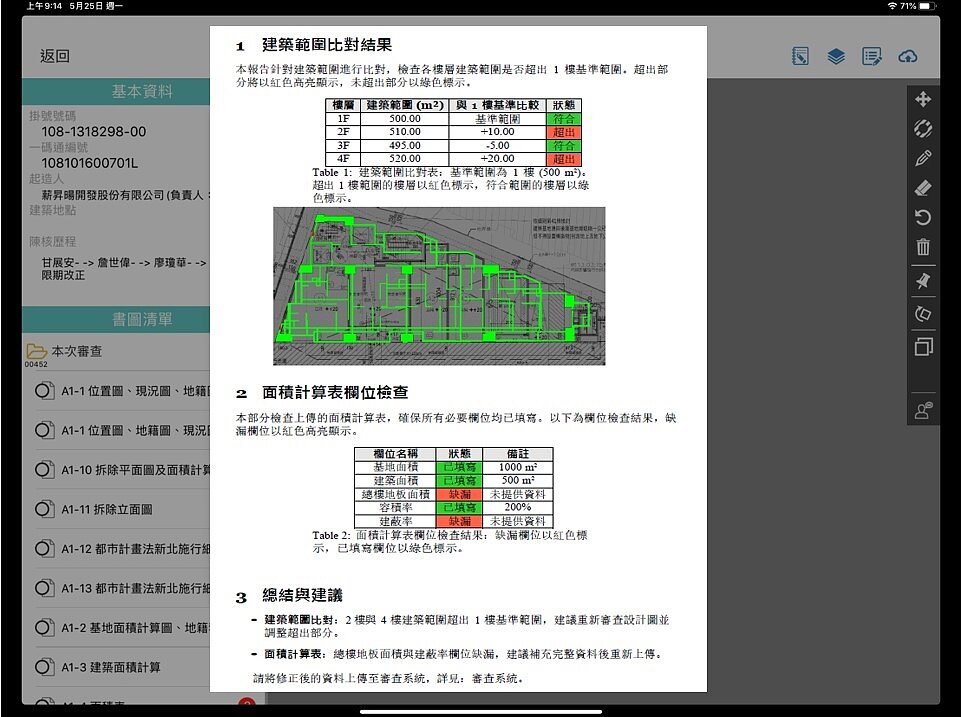 工務局首創「建築執照AI輔助審查系統」，透過AI影像辨識與資料比對，自動協助檢核建築圖說及相關資料，縮短審查時間，建築管理更智慧、有效率。圖／新北市政府提供
