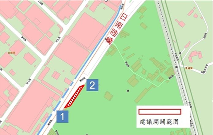 大甲區黎明路（日南陸橋南側）平面道路拓寬工程範圍圖。圖／台中市建設局提供