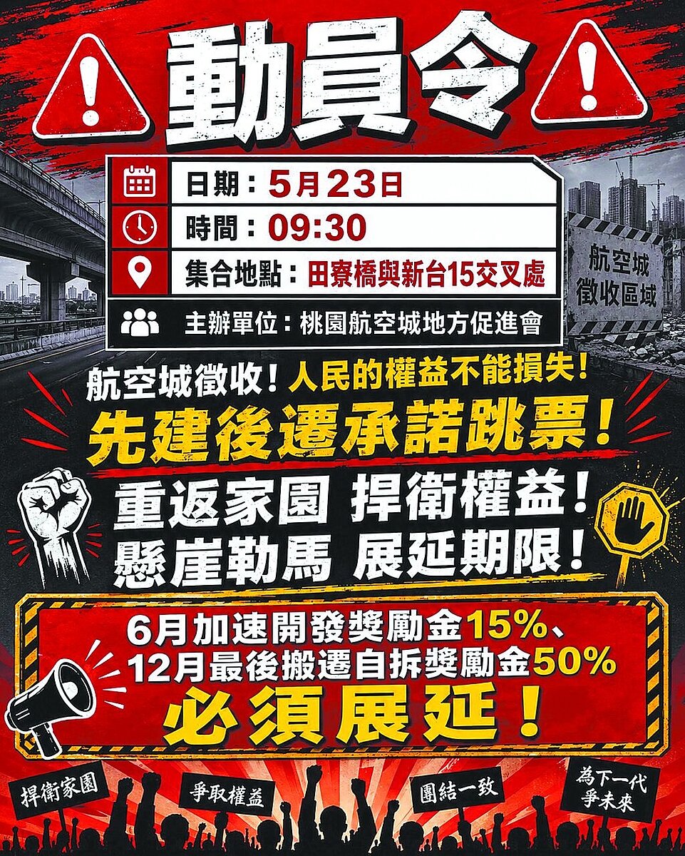 桃園航空城地方促進會預計在23日動員逾600位民眾抗議。圖／桃園航空城地方促進會提供