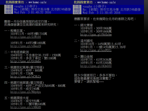 網友小胖子點名多個社區房價明顯下修。(翻攝自PTT)