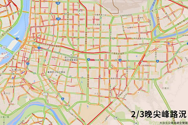台北市塞車路段。(圖/引用自大台北公車路網全覽圖臉書粉絲專業)