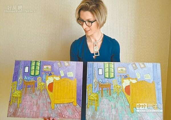 芝加哥藝術學院利用數位科技重現梵谷名作《在亞爾的臥室》原貌，揭示原本臥室牆壁是淡紫色（左），但顏料褪色後，變成今日外界熟悉的淡藍色（右）。（摘自BBC）