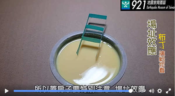 專家利用「布丁」示範場址效應，便利屋在地震搖晃下應聲倒下。（圖／擷取自921地震教育園區臉書粉絲專業）