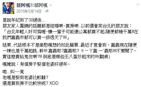 蔡阿嘎過去曾在粉絲團上感嘆,現在不只台北,就連嘉義的房子也要上千萬「是賣給鬼住嗎?」(翻攝自蔡阿嘎粉絲團)