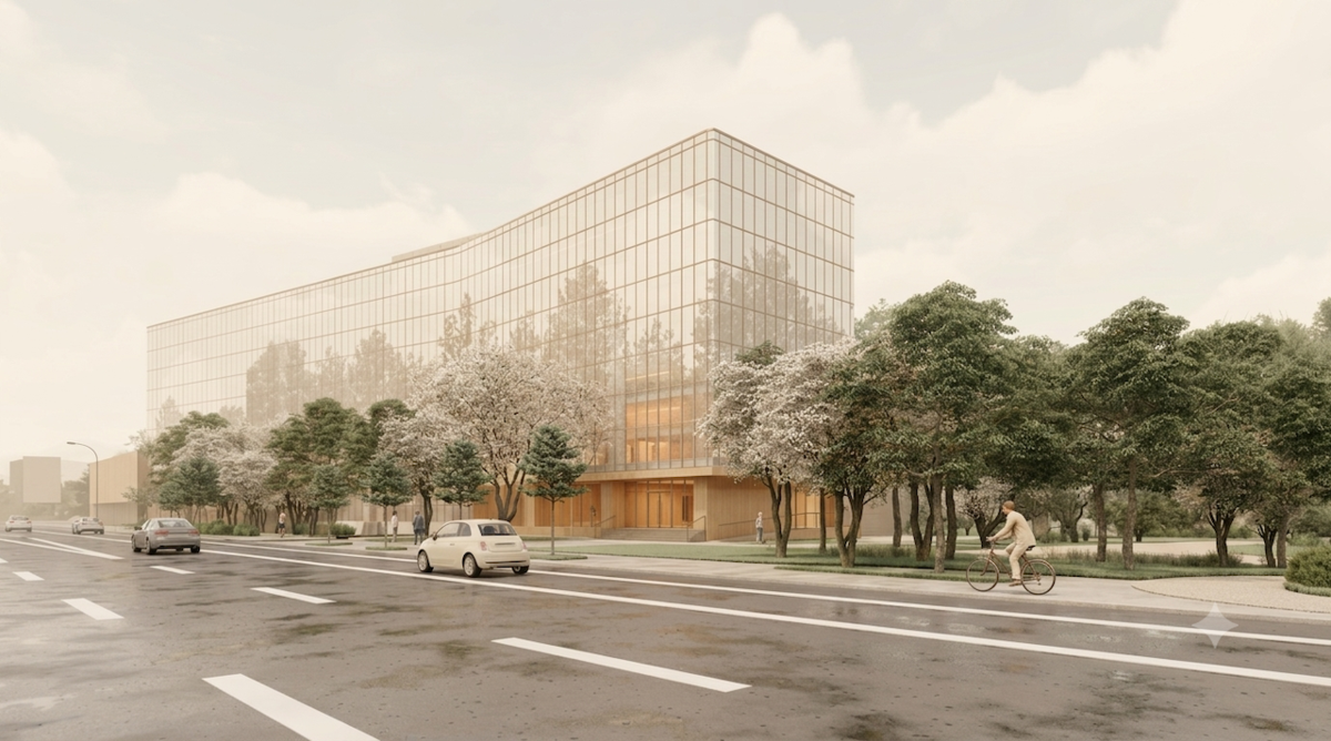 國家級低碳示範工程中央機關公西聯合檔案庫房新建工程。透視圖／國土署提供