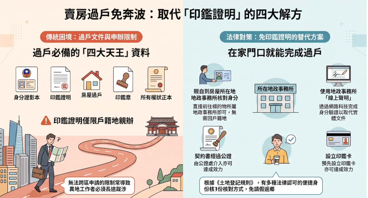 辦理房屋過戶除檢附印鑑證明外,也可依規定採本人核對身分、線上聲明等方式替代。圖/AI協作