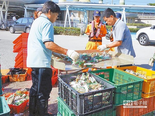 今起禁捕抱卵母蟹到11月15日，海巡人員將於漁港稽查漁民捕撈螃蟹。圖為去年海巡人員稽查狀況。（葉德正翻攝）