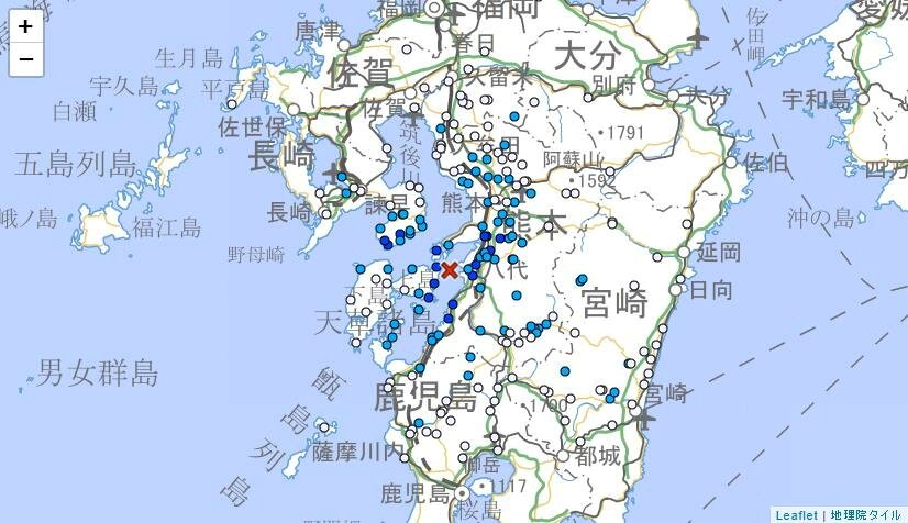 日本熊本縣與長崎縣當地時間4日下午2時6分左右發生地震，觀測到震度3，無海嘯疑慮。圖／ 截自日本氣象廳

