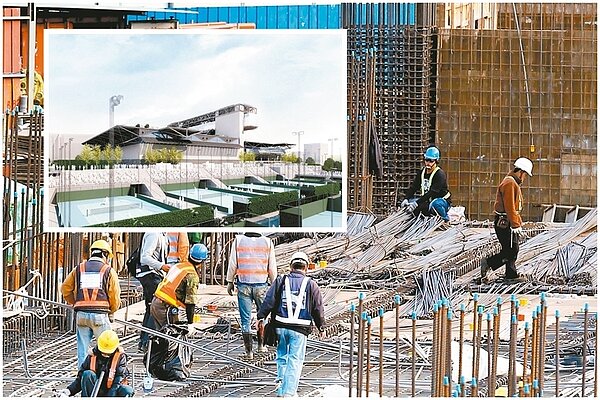 世大運新建場館網球中心，現場仍是工地，和模擬圖差很大。 聯合報系資料照、捷運局