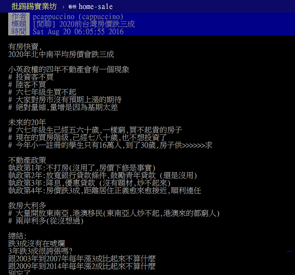 網友預言「2020房價跌3成」。（翻攝自PTT）