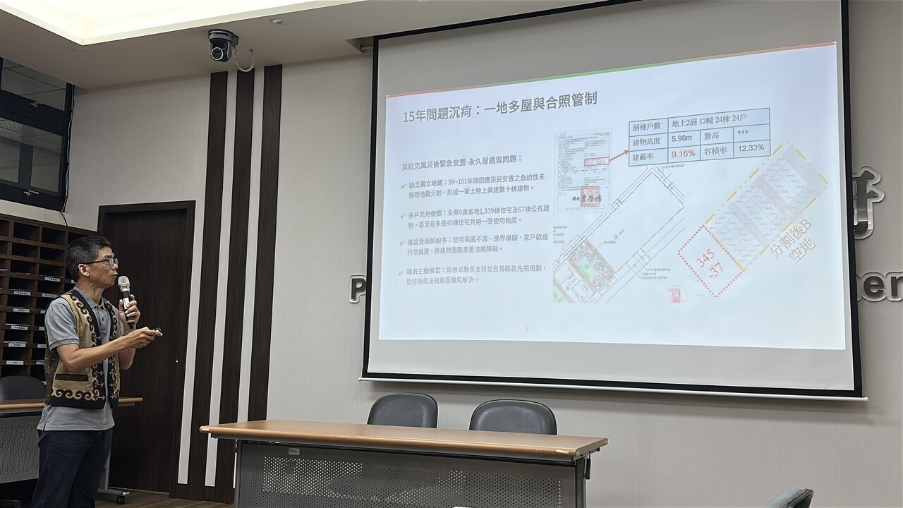 屏東縣政府原民處副處長蔡文進說明從今年下半年度起分3期3階段展開永久屋地籍分割與分照作業,打造一家戶一地號一使照。記者劉星君/攝影