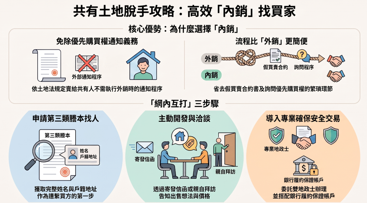 出售共有土地時，若由其他共有人承接屬於「內銷」，可免除通知優先購買程序；若售予外部人士，則須依法通知其他共有人。圖／AI協作