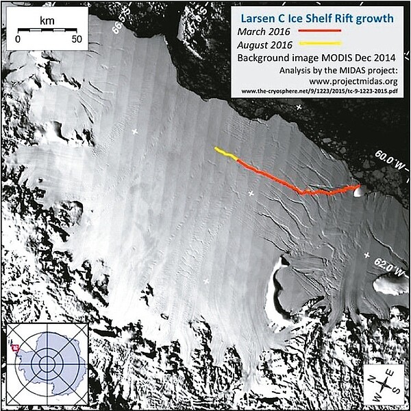 南極冰棚拉森C的裂縫過去半年來急速擴大,圖中紅線是拉森C今年3月調查時的裂縫狀況,黃線是3-8月擴大的部分。 圖/取材自Project MIDAS網站