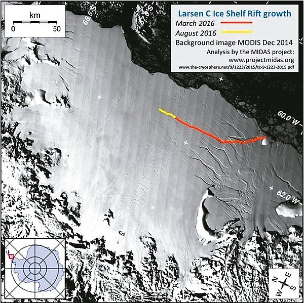 南極冰棚拉森C的裂縫過去半年來急速擴大，圖中紅線是拉森C今年3月調查時的裂縫狀況，黃線是3-8月擴大的部分。 圖／取材自Project MIDAS網站