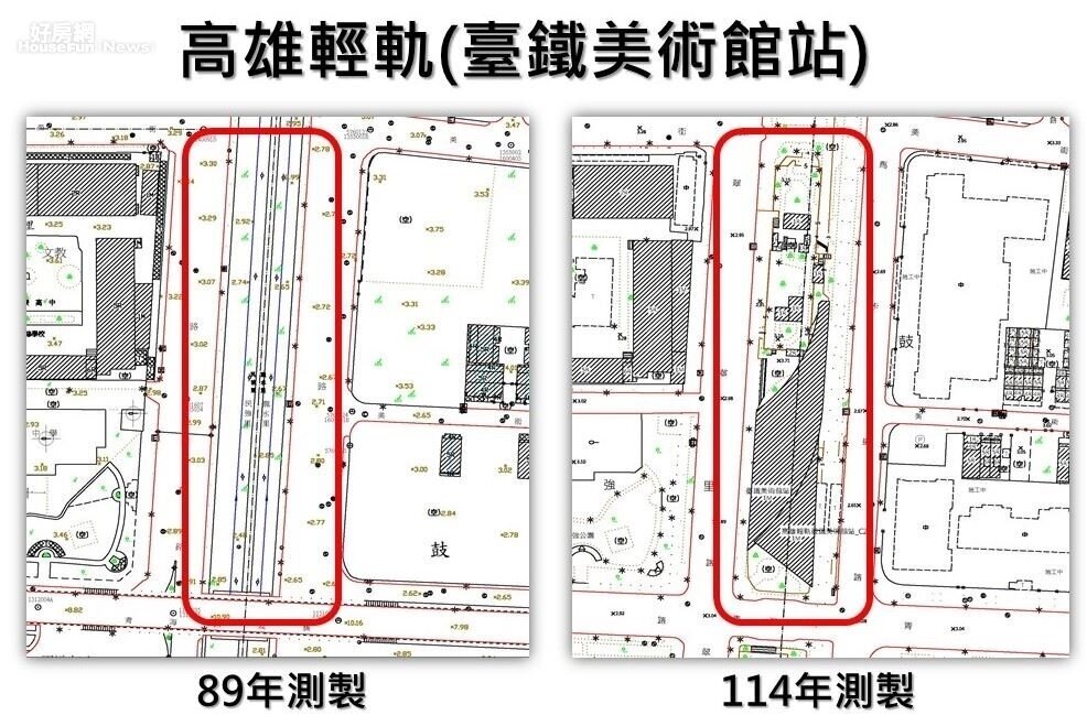 高雄輕軌台鐵美術館站89年與114年地形圖對照。圖/高雄市政府都市發展局