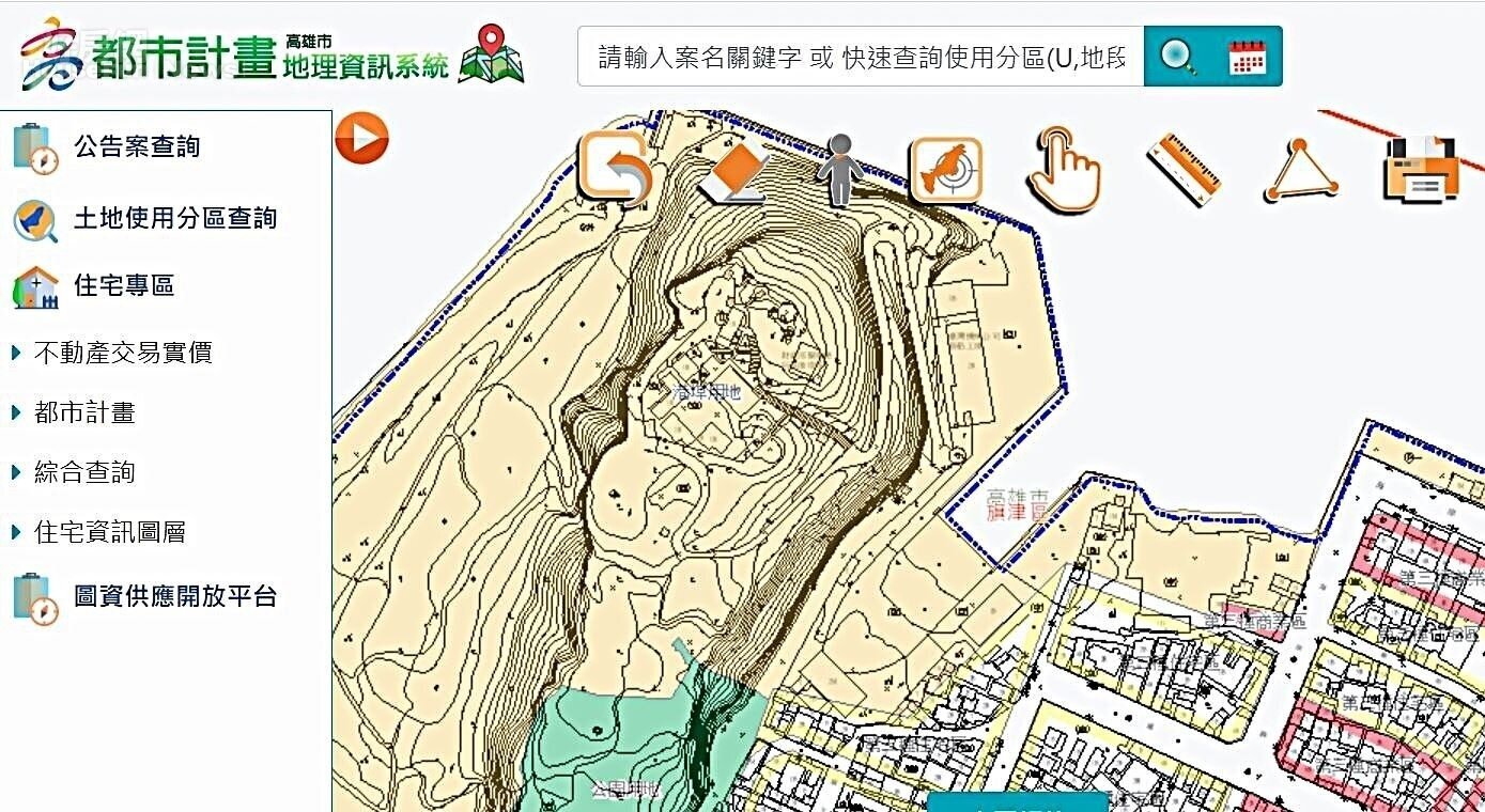 高雄都市計畫地理資訊系統,地形圖查詢畫面。圖/高雄市政府都市發展局