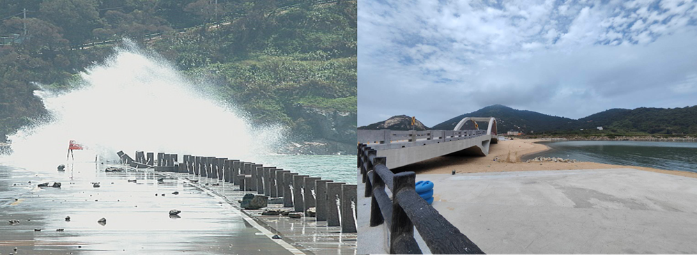 北竿鄉塘后道聯外道路工程,新橋進行大幅度退縮,避開浪打上橋的問題。圖/內政部提供