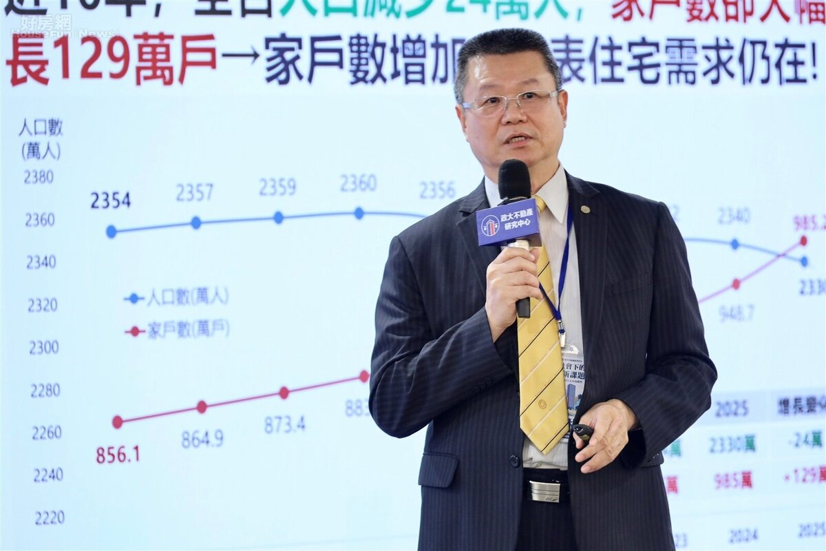 葉凌棋總經理分析，一人家戶占比已達41%，小家庭化已成為住宅市場的重要驅動力量。圖／政大不動產研究中心提供