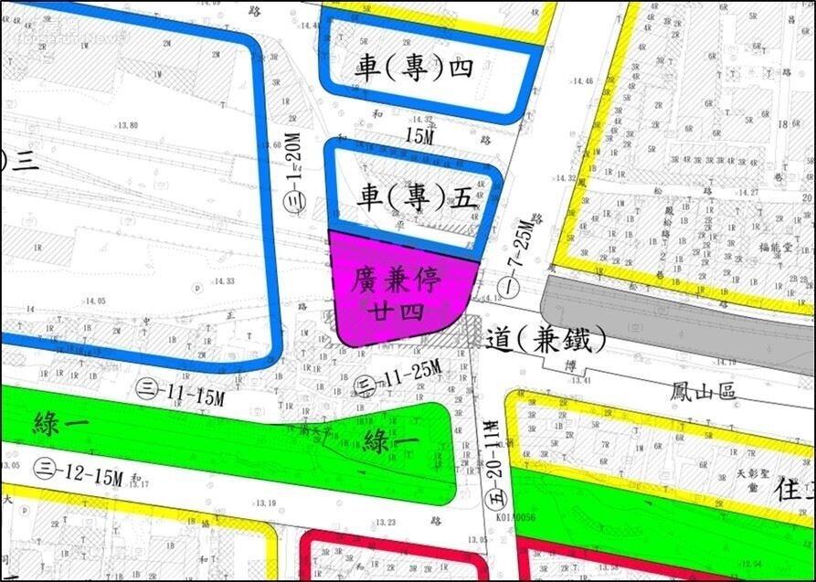 鳳山車站東側廣場用地變更為廣兼停。圖/高雄市政府都市發展局。