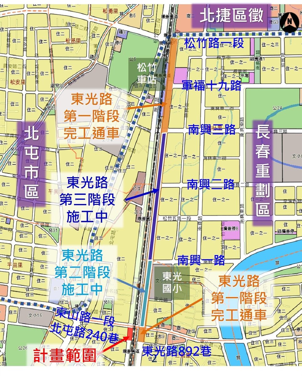 南京東路三段（北屯路240巷至東山路一段）道路開闢路線圖。圖／台中市政府建設局提供
