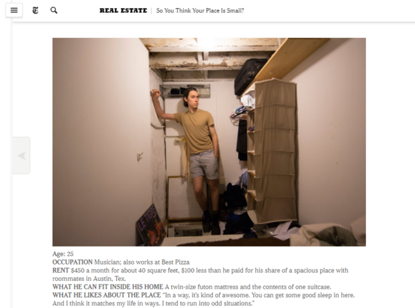 美國紐約一名青年蝸居1坪「天花板」，月租要價約1.5萬台幣。（圖／翻攝自紐約時報）