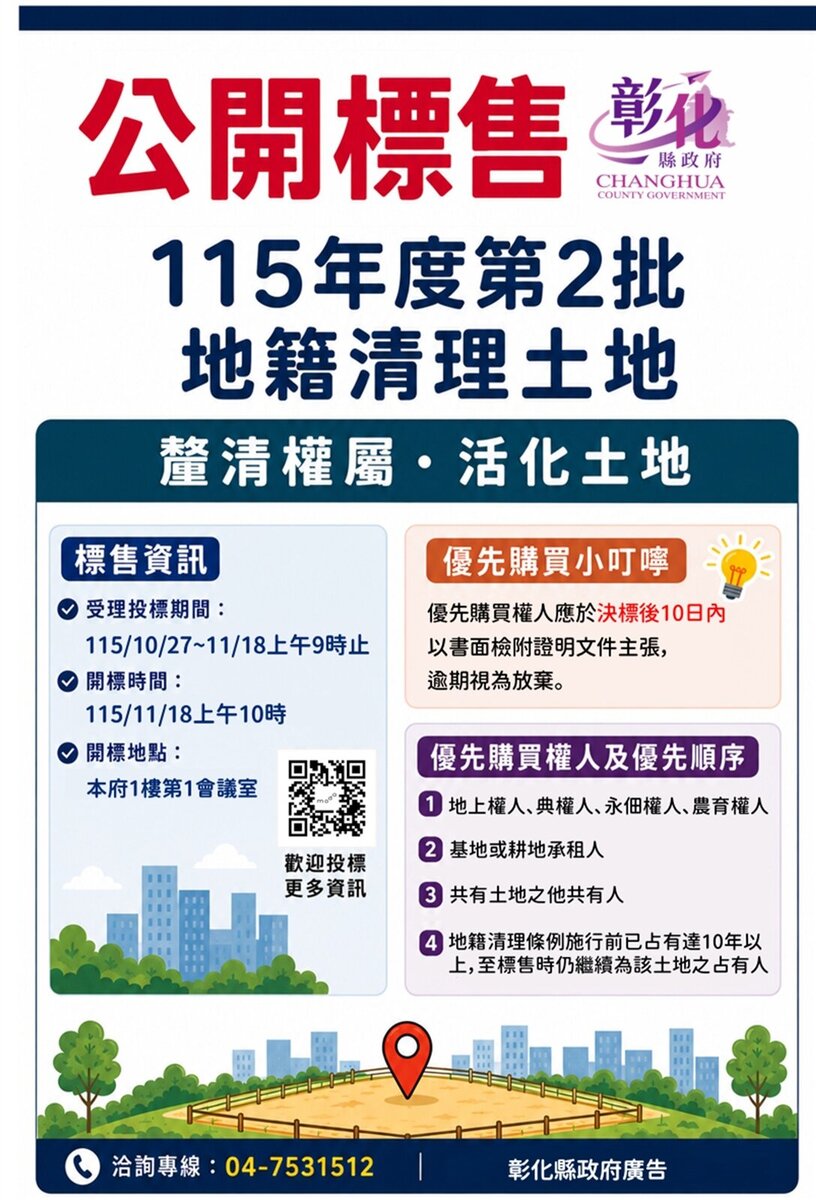 彰化縣政府代為標售115年度第2批地籍清理未能釐清權屬土地開始公告。圖/彰化縣地政處提供