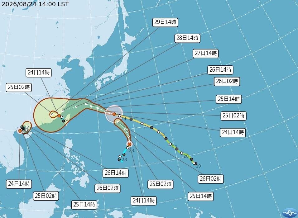 沙德爾今下午2時升級為強烈颱風，預估周四、周五最接近台灣，這2天對台灣影響也最為顯著，最快周三上半天發海警。圖／中央氣象署提供