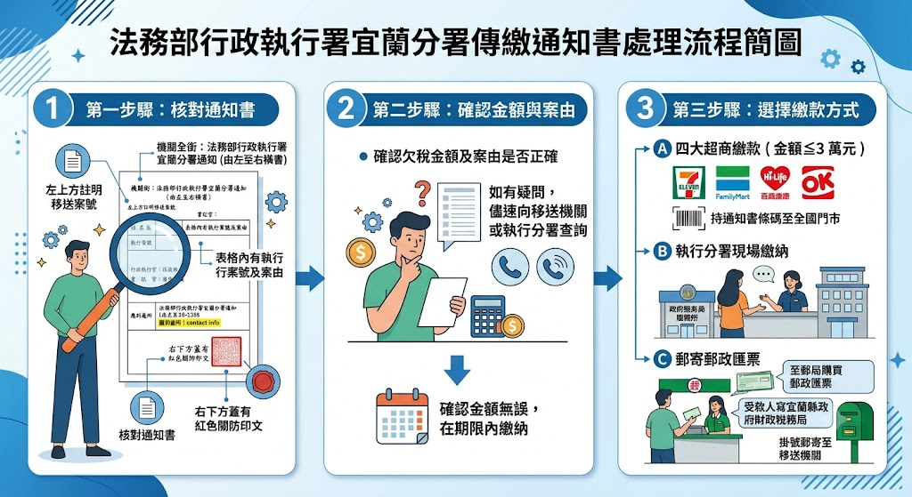 法務部行政執行署宜蘭分署傳繳通知書處理流程。圖/宜蘭縣財稅局提供