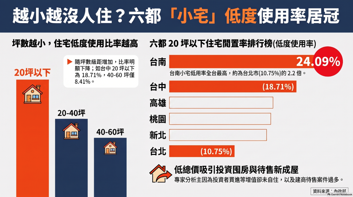 六都20坪以下低度使用住宅比率皆居冠,台南24.09%最高。圖/資料來源:內政部,AI協作