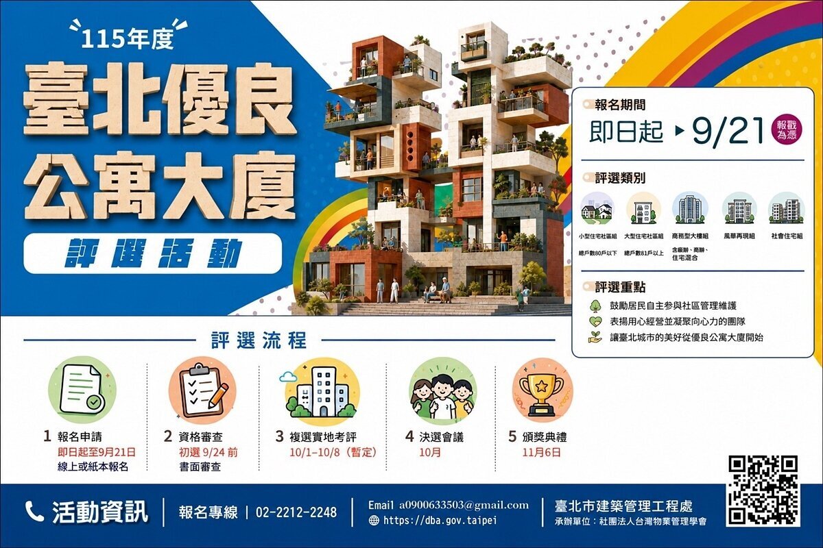 台北市政府正式啟動「115年度台北市優良公寓大廈評選活動」,獎金高達60萬元,競賽類組包含:小型住宅、大型住宅、商務型大樓及風華再現組。圖/台北市政府提供
