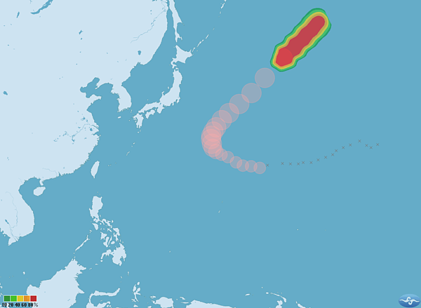 目前位於菲律賓東方海面的熱帶性低氣壓,可能形成今年編號第21號輕度颱風莎莉佳。(翻攝自中央氣象局網站)