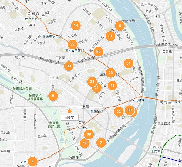 捷運三和國中、三重國小、三重站周圍都有許多總價千萬內的物件可挑選。（翻攝自永慶房仲網）