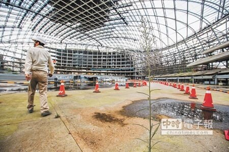 
國民黨台北市議員與市府及遠雄人員23日一同進入大巨蛋工地再次會勘，大巨蛋工地積水、青苔依舊，甚至有植物已長得高挺茁壯。（杜宜諳攝）
 