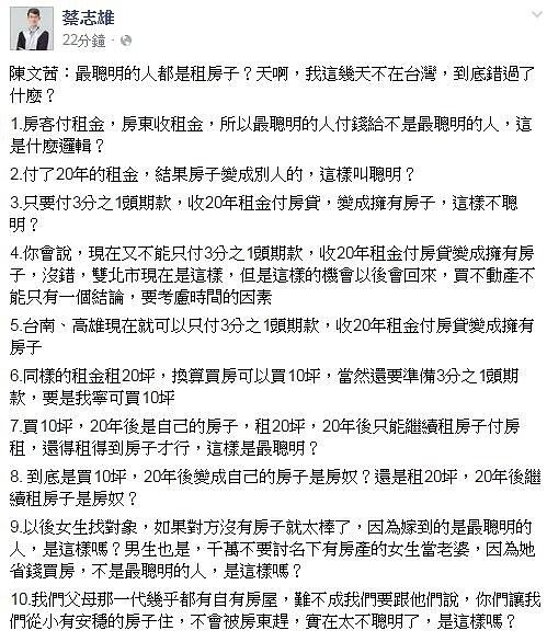 最聰明的人都是租房子？包租公律師蔡志雄在臉書上提出十大錯誤的地方。（翻攝自蔡志雄臉書）