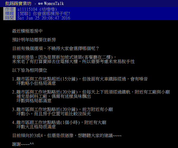 小資女買房,對於4種不同嫌惡設施進行評比。(翻攝自PTT)