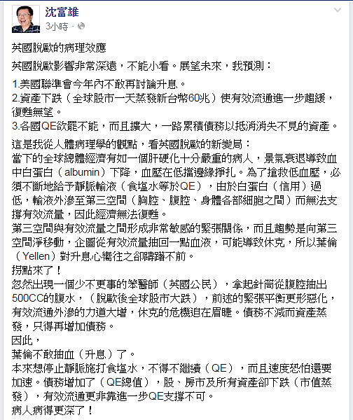 沈富雄以「笨醫生」形容英國公民,認為英國脫歐讓全球經濟「病得更深了!」(圖/翻攝自沈富雄臉書)