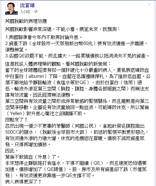 沈富雄以「笨醫生」形容英國公民，認為英國脫歐讓全球經濟「病得更深了！」（圖／翻攝自沈富雄臉書）