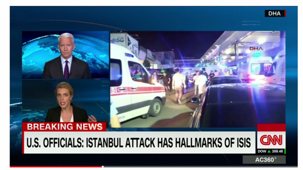土耳其伊斯坦堡阿塔圖客國際機場（Ataturk airport）發生爆炸，引起全球恐慌。（圖／翻攝自CNN網站）