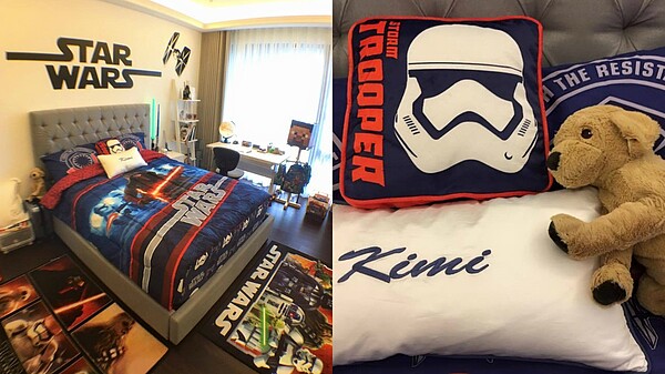 林志穎把kimi房間布置成星際大戰風,還在枕頭上繡上kimi的名字。(翻攝自林志穎Jimmy Lin臉書)