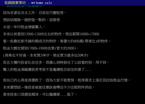 淡水租金狂飆，讓網友大嘆「投資客口帶真的深阿」。（翻攝自PTT）