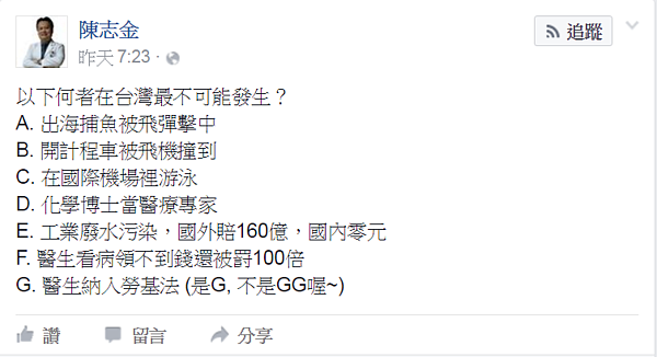 奇美醫院醫師陳志金在臉書上讓網友票選「台灣最不可能發生的事」,引起熱烈回響。(圖/翻攝自陳志金臉書)